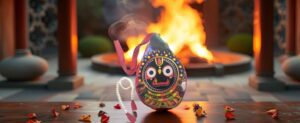 A beautifully crafted Jagannath Japa Bag placed on a rustic wooden surface, accompanied by a chanting mala. Ideal for spiritual practice, meditation, and daily devotion.